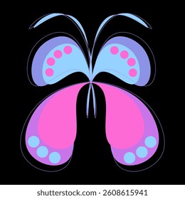 Red butterfly isolated on black background top view.  Red butterfly with yellow spots as an element for design.