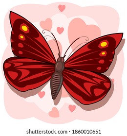 Red butterfly on an abstract background with hearts. Bright beautiful composition. Isolated object on white. Vector.