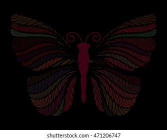 Red butterfly on a black background. Vector illustration.