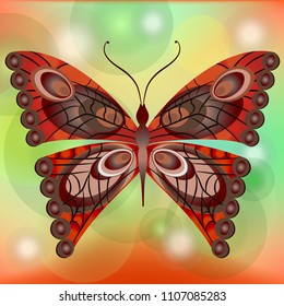 Red butterfly on bright background. With blurred circles. Isolated vector image.