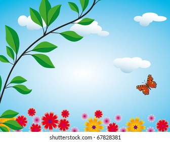 Red butterfly on flowering meadow. Vector illustration