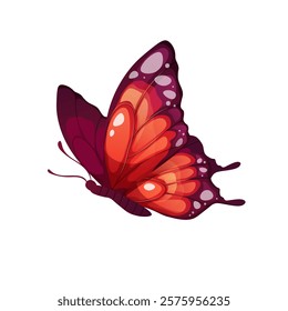 Red butterfly on white background. Colorful winged insect. Vector cartoon illustration