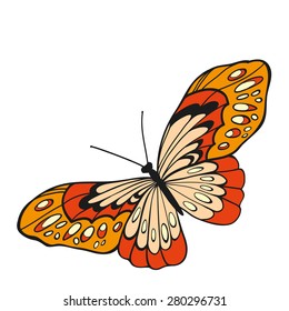 Red butterfly with open wings in a top view on white background.
