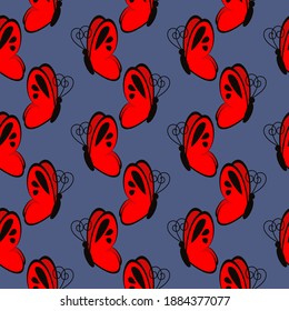 Red butterfly , seamless pattern on a dark blue background.