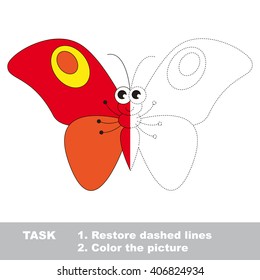 Red butterfly in vector colorful to be traced. Restore dashed line and color the picture. Visual game for children. Worksheet to be colored.