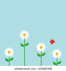 Red butterfly. White daisy chamomile set. Cute growing flower plant. Love card. Camomile icon. Flat design. Blue background. Isolated. Vector illustration