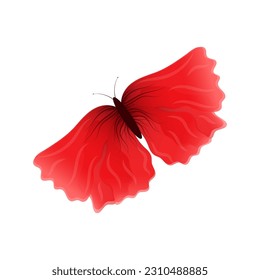 a red butterfly with wings that look like poppies. Tender, airy, isolated on a white background. Vector illustration.Design for paper, baners, t-shirts, logos and more.