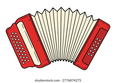 Red button accordion with white bellows used in traditional folk and polka music performances across various cultures.