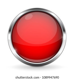 Red button with chrome frame. Round glass shiny 3d icon. Vector illustration isolated on white background