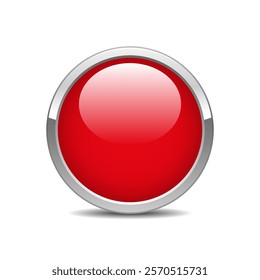 Red button with chrome metal frame. Blank glossy red button web design template. Vector illustration isolated on white background.