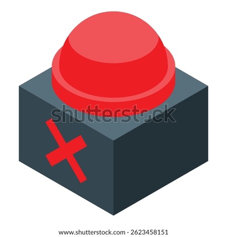 Red button with a cross sign on gray box, deactivated alarm system concept, isometric vector illustration