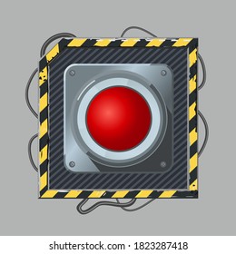 Red button. Cyber punk style. Vector icon template. Realistic metal switch with wires. Video game concept art.