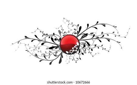 Red button with floral elements on a white background