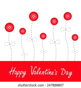 Red button flowers. Dash line stem with bow Love Flat design Happy Valentines day card. Vector illustration