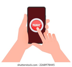 Red button with help text Panic. Hand pressing panic button on smartphone screen