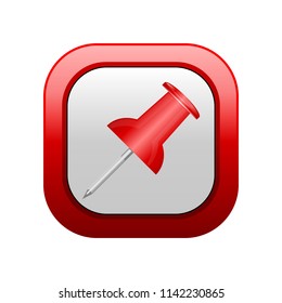 Red button with the image of a pin button, with a needle, vector illustration isolated on a white background. Attach the symbol. A plastic highlight is shown.