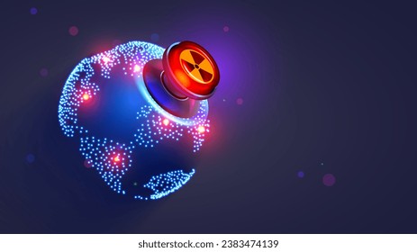Botón rojo para lanzar misiles nucleares. Amenaza de guerra nuclear global. Globo desde el espacio con explosiones de bombas nucleares en todos los continentes. Botón rojo con señal de peligro nuclear. Riesgo de la Tercera Guerra Mundial