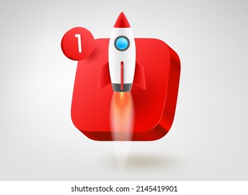 Red button with launching rocket. 3d vector mobile application icon