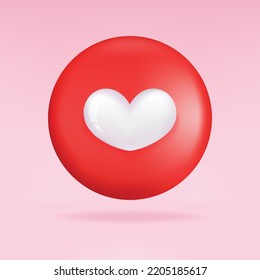 Red button love with heart icon symbol and social media communication sign icon on website. 3D technology icon vector design. 3D rendering.