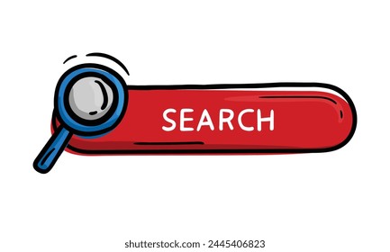 Red button with a magnifying glass and text search. Hand drawn design element for website, application. Editable vector