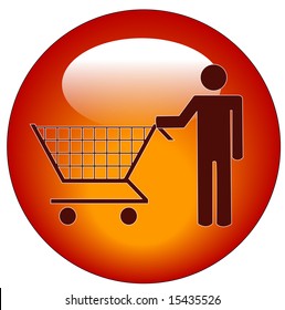 botón rojo de un hombre empujando un carro de la compra