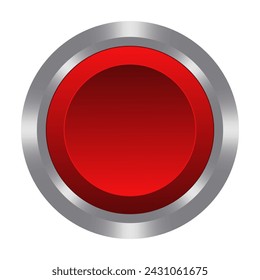 Red button with metal base. Push, press, touch, control centre, panel, manipulation, key, knob, management, administration, operation, switch on off, stop, start, caution, help. Vector illustration