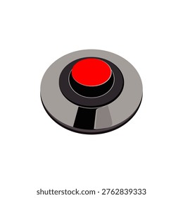 Red button with metal base. Push, press, touch, control centre, panel, manipulation, key, knob, management, administration, operation, switch on off, stop, start, caution, help. Vector illustration
