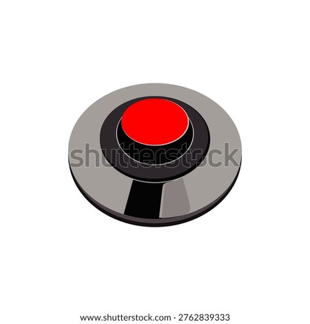 Red button with metal base. Push, press, touch, control centre, panel, manipulation, key, knob, management, administration, operation, switch on off, stop, start, caution, help. Vector illustration