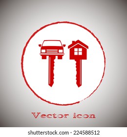 Red button on a gray background. Vector illustration of car keys and house