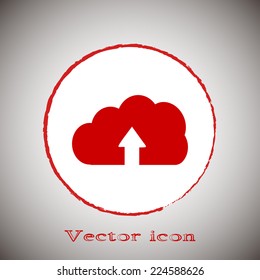Red button on a gray background. Vector cloud computing download icon, vector illustration. 