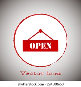 Red button on a gray background. Vector illustration open sign