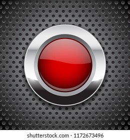 Red button on metal perforated background. Round glass icon with chrome frame. Vector 3d illustration