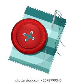 Red button on a piece or scrap of striped fabric, with needle and thread for sewing and needlework. Vector illustration on transparent background.