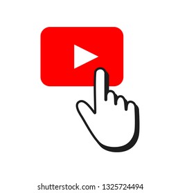 Red button Play and hand cursor. Video player concept. Vector Illustration