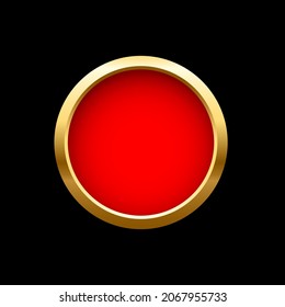 Red button in round gold frame vector illustration. 3d realistic shiny metal golden circle ring on green push click button for website, abstract badge element design isolated on black background