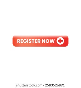 A red button with rounded corners contains the text Register now and a white medical cross symbol