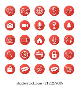 red button set, contact, shopping, social media web white icons, red rounded buttons