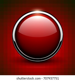 Red button shiny chrome metallic, vector illustration.
