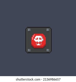un botón rojo con una imagen en forma de píxel