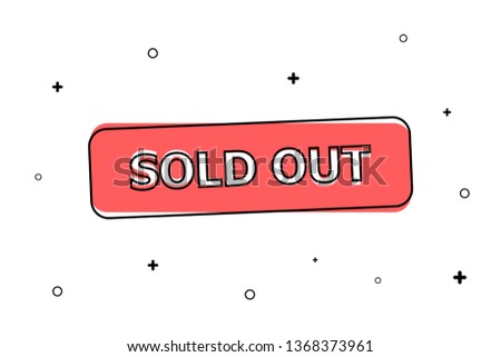 Red button "sold out" in black circle. White background with black small elements.
