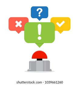 Red button with speech bubbles. Quiz concept