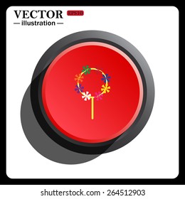 Red button start, stop. Children's toy wind mill, turntables, pinwheel wind vane, icon, vector illustration. Flat design style 