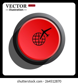 Red button start, stop. Fashion Icon aircraft around the world, icon, vector illustration. Flat design style 