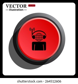 Red button start, stop. with headphones listening to music, head planet, icon, vector illustration. Flat design style 