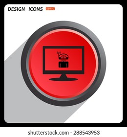 Red button start, stop. with headphones listening to music, head planet. icon. vector design