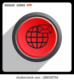 Red button start, stop. Internet e-mail, envelope letter, Globe. icon. vector design