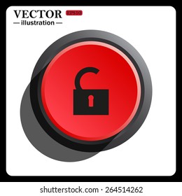 Red button start, stop. open lock, icon, vector illustration. Flat design style 