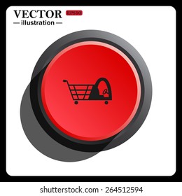Red button start, stop. Shopping basket with cabin for children, icon, vector illustration. Flat design style 