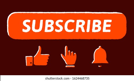 Red Button Subscribe to channel, Bell button, Hand Cursor, Video Content. Social media concept on black background isolated. Stock Vector Illustration. 