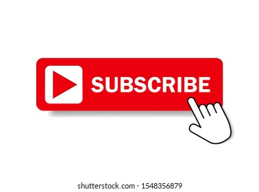 Red button subscribe of channel with hand cursor. Subscribe button in flat style. Label subscribe for video channel for website. vector illustration